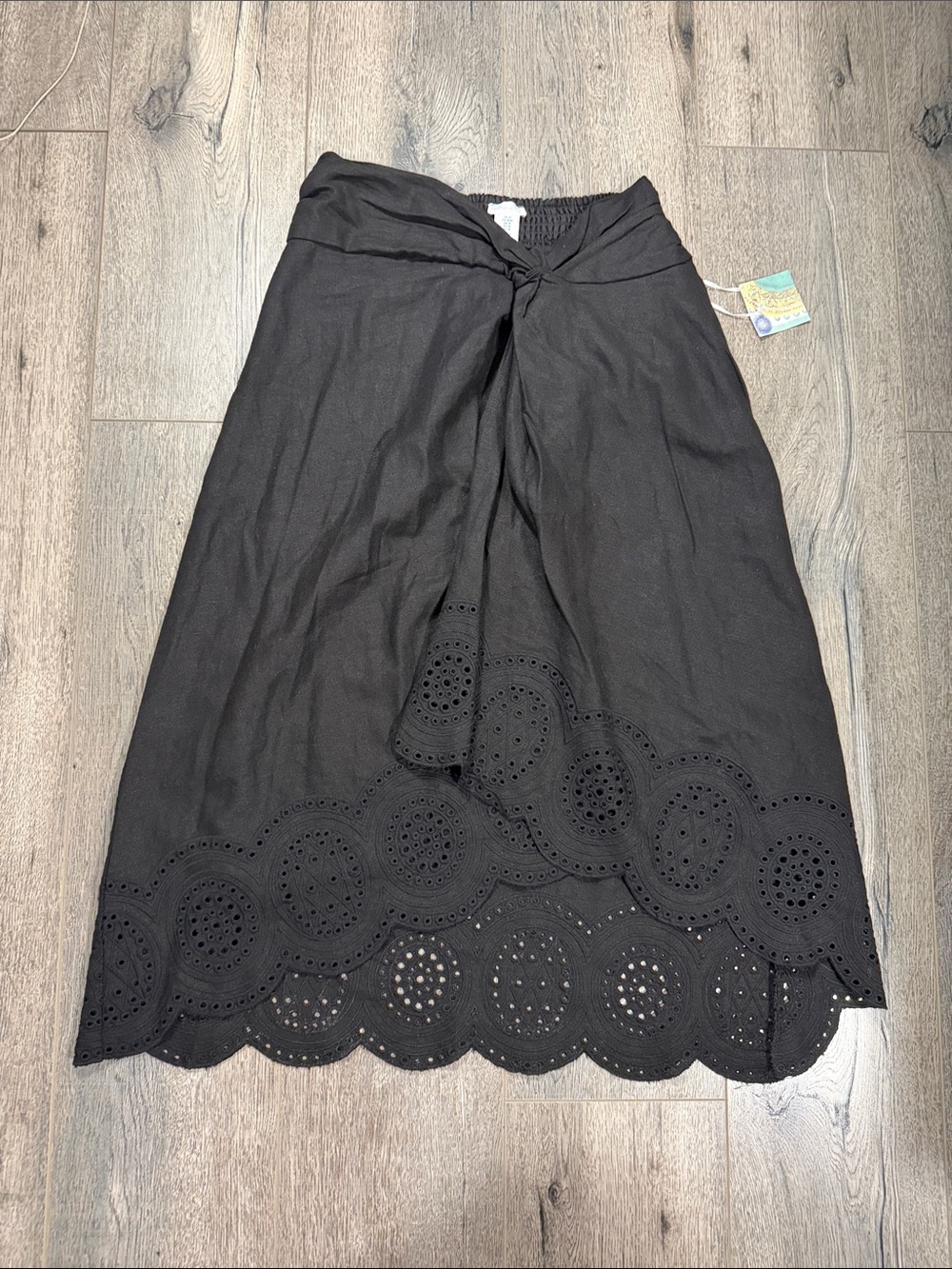 Sigrid Olsen Black Midi Skirt with Tie Front and Eyelet Hem